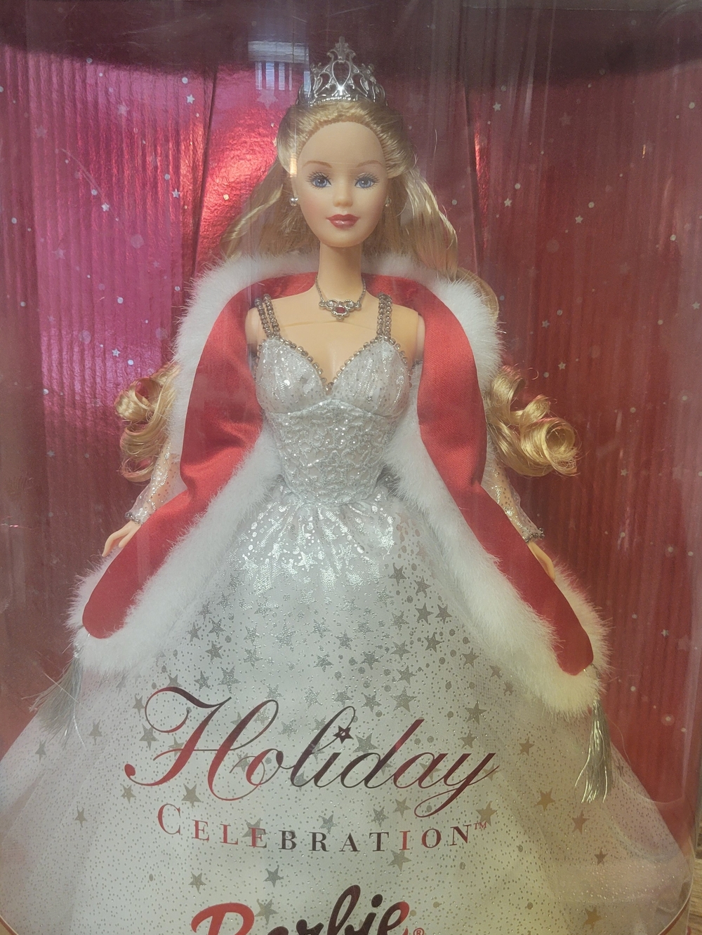 2001 Barbie Holiday Celebration Doll in White Gown with Red Cape